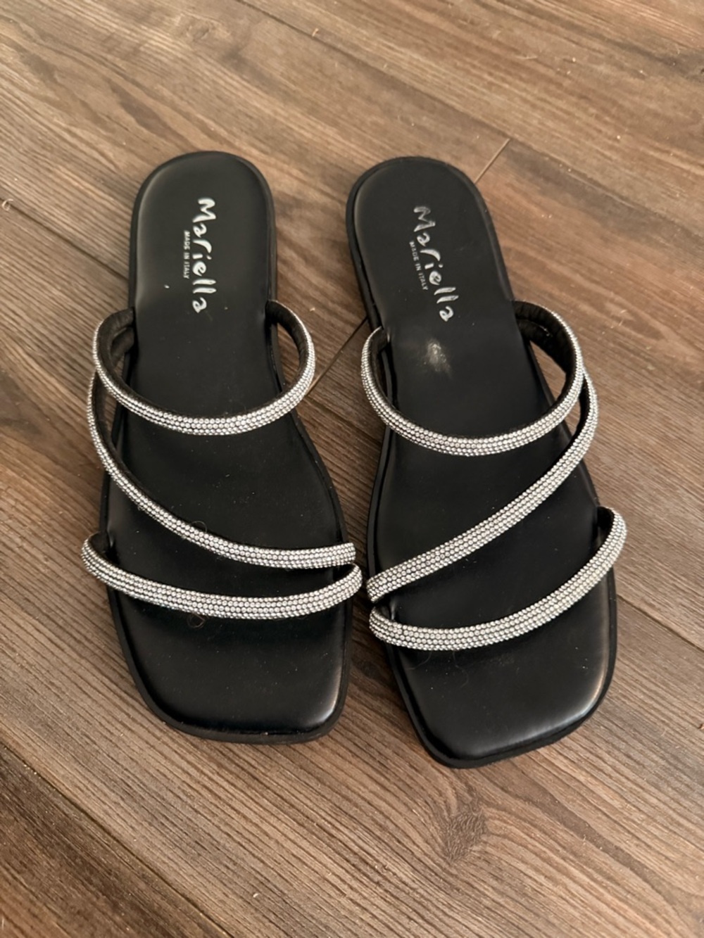 Mariella Black Slide Sandals with Silver Rhinestone Straps